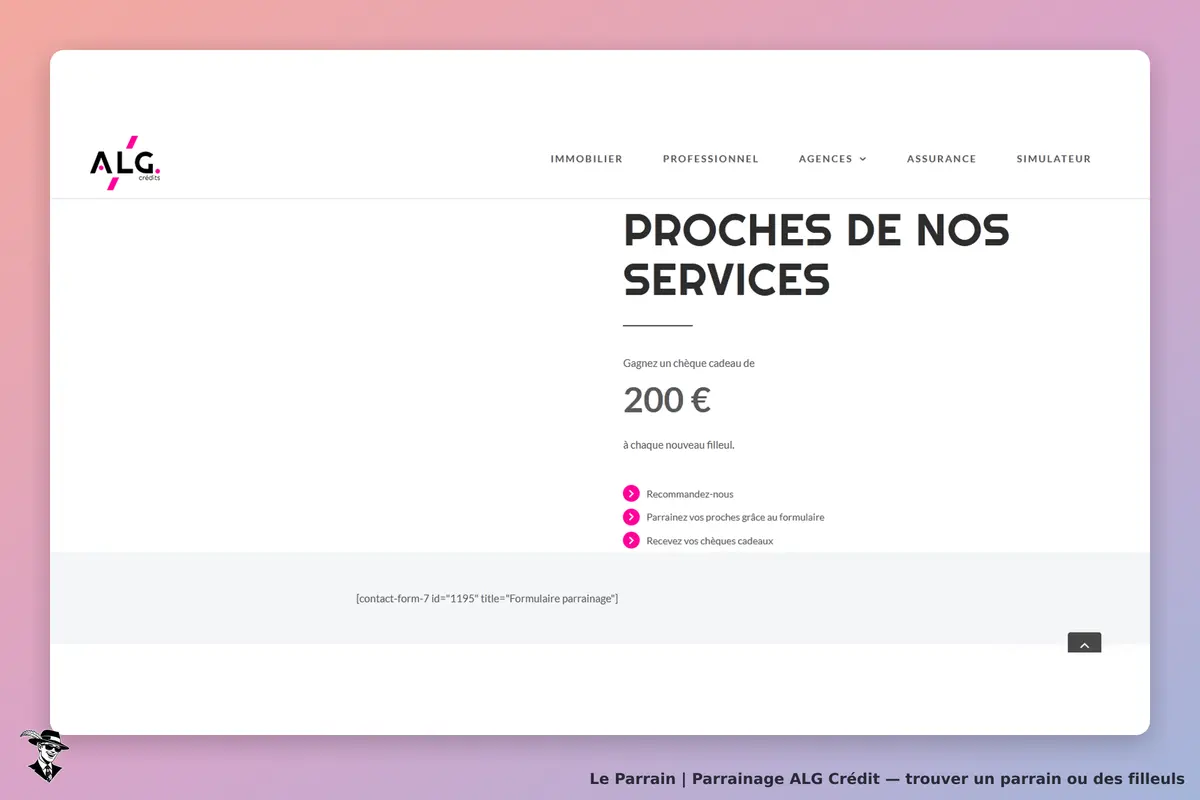 ALG Crédit : page présentant les services avec un formulaire de parrainage et des boutons d'action