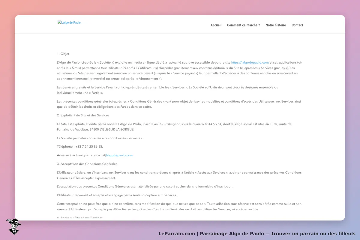 Algo de Paulo : conditions générales d'utilisation sur un fond dégradé avec informations de contact