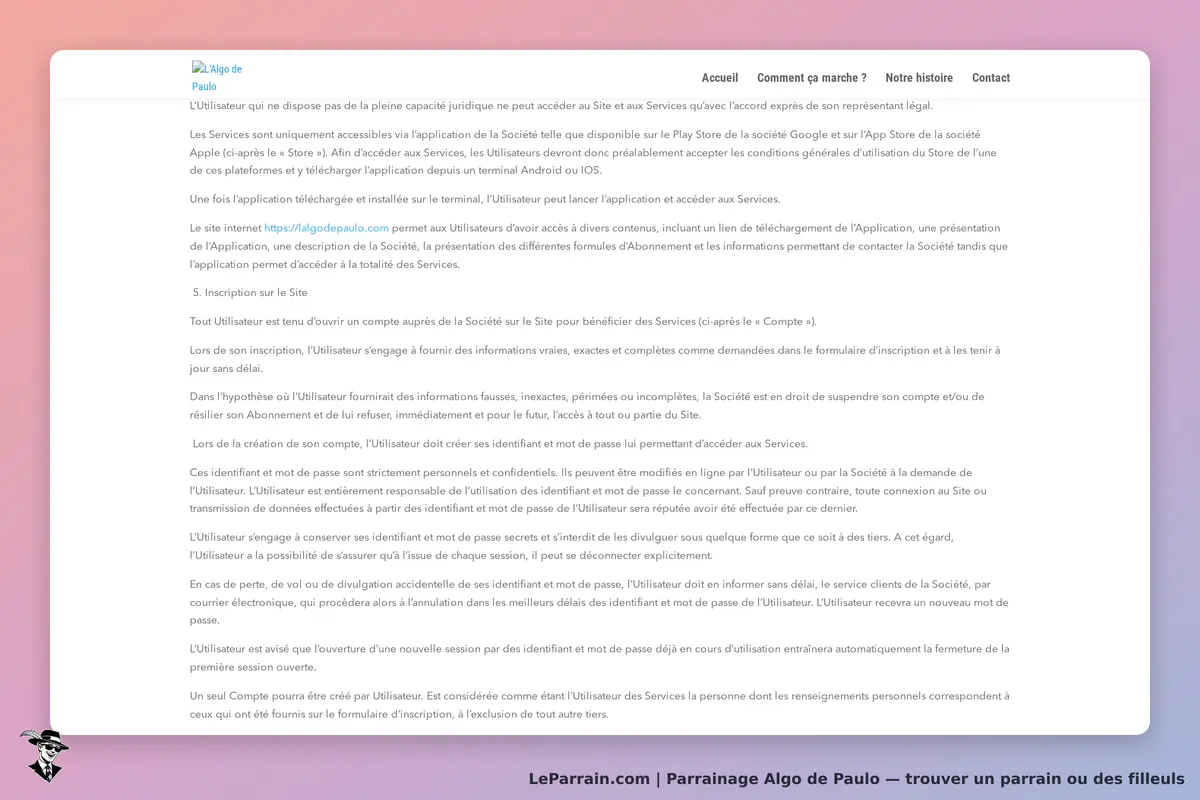 Algo de Paulo : texte sur les conditions d'utilisation et d'inscription au site et services