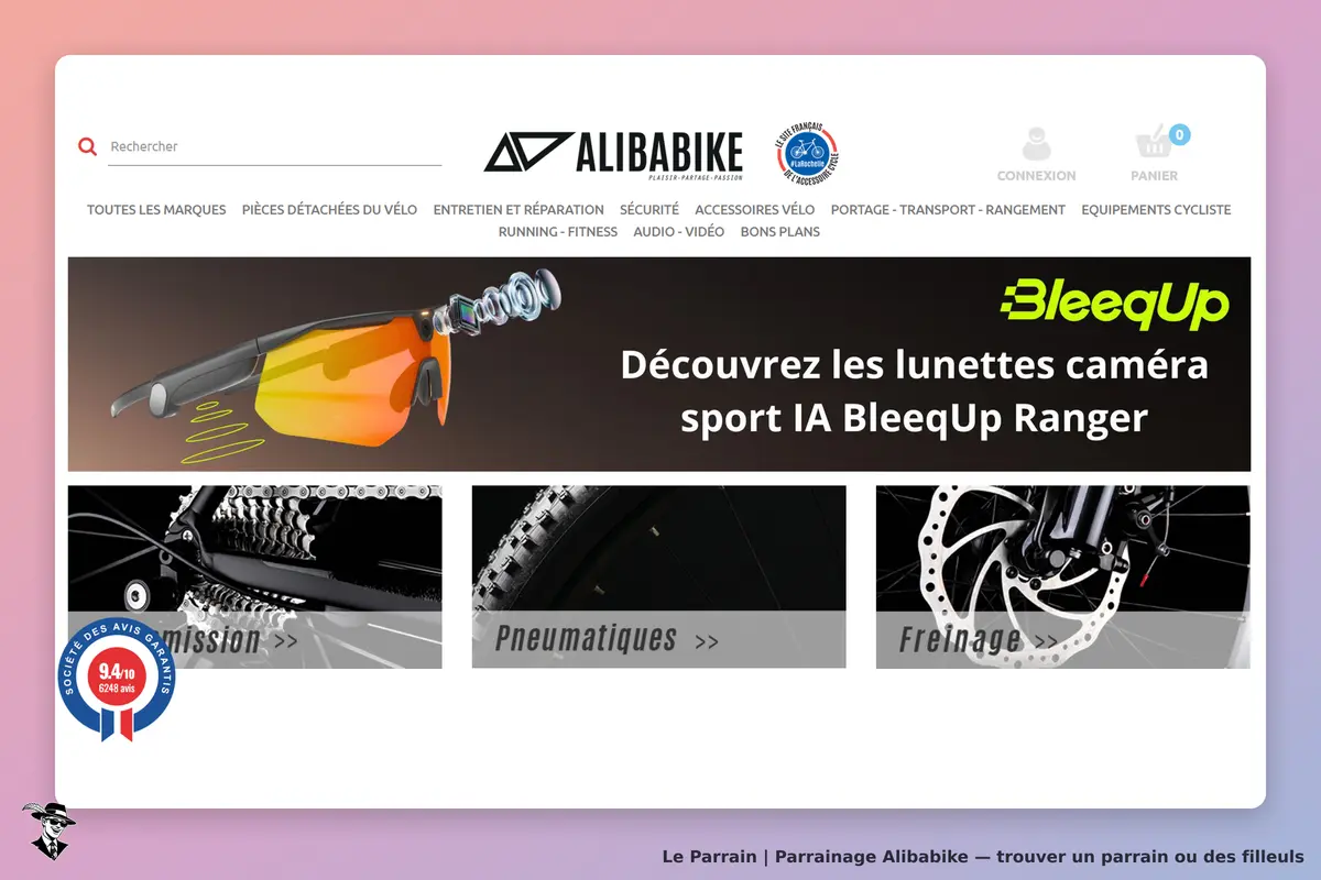 Alibabike : page d'accueil présentant des lunettes caméra et divers accessoires de vélo