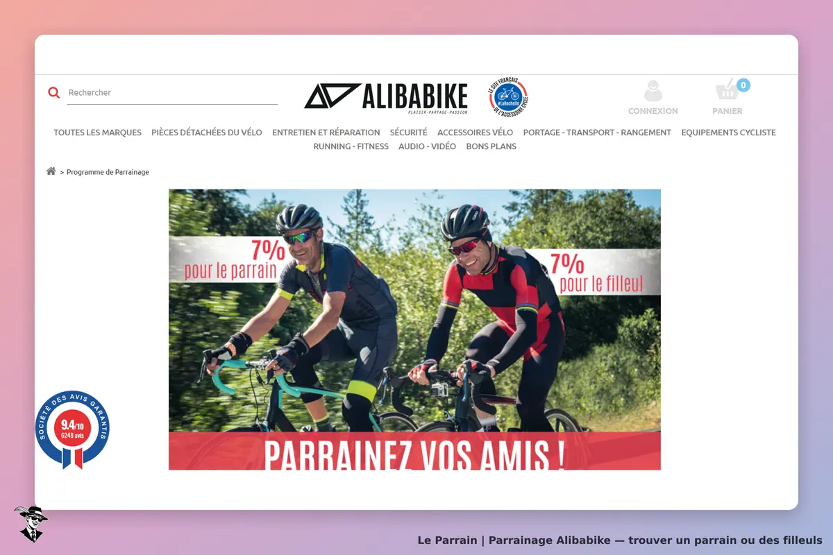 Alibabike : deux cyclistes souriants sur des vélos, avec un message sur le parrainage