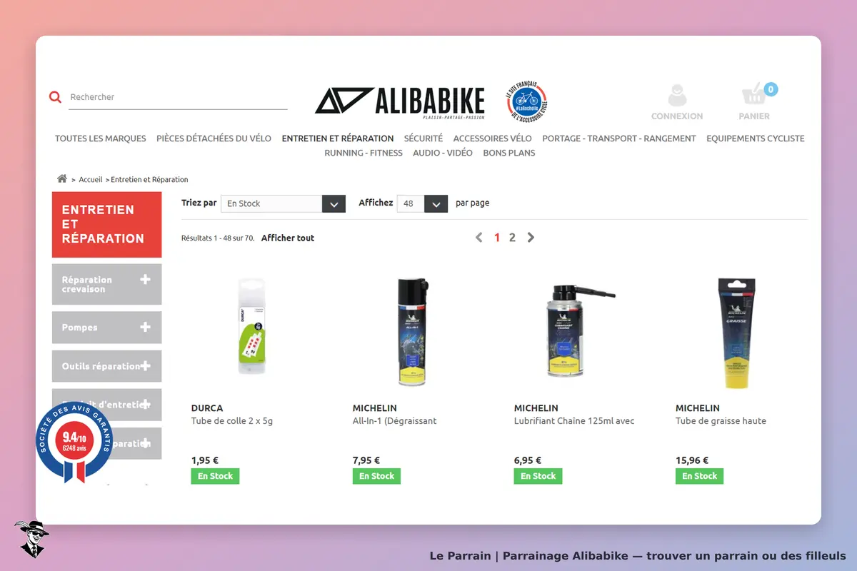 Alibabike : page d'accueil avec produits d'entretien et réparation de vélo affichés