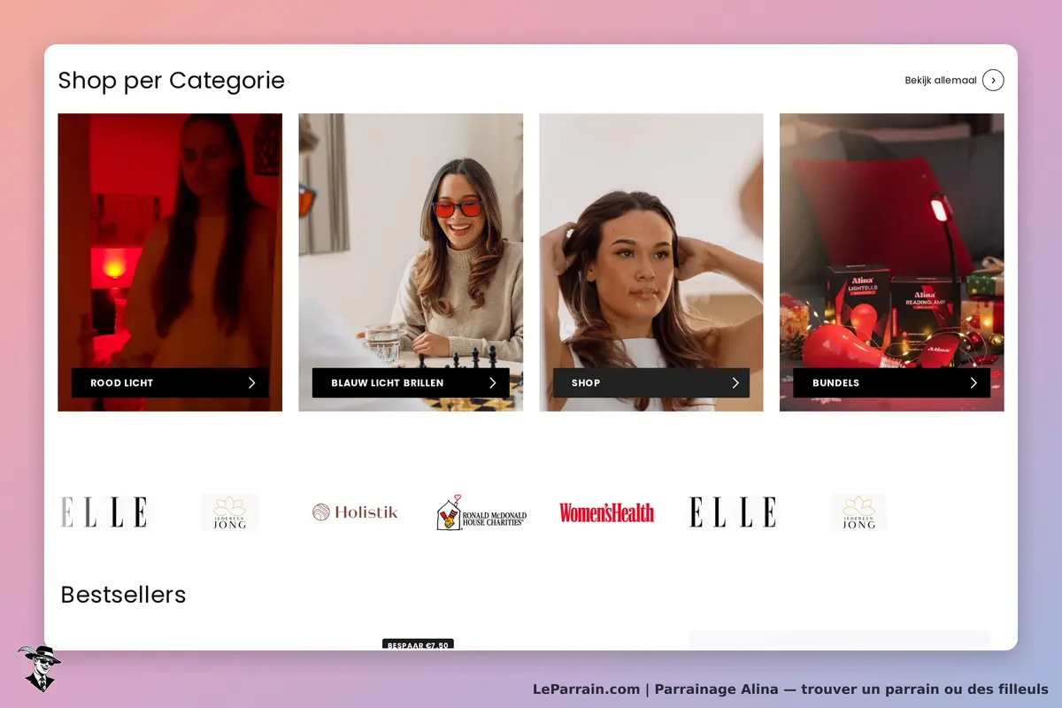Alina : catégories de produits avec images, incluant lunettes et articles de bien-être