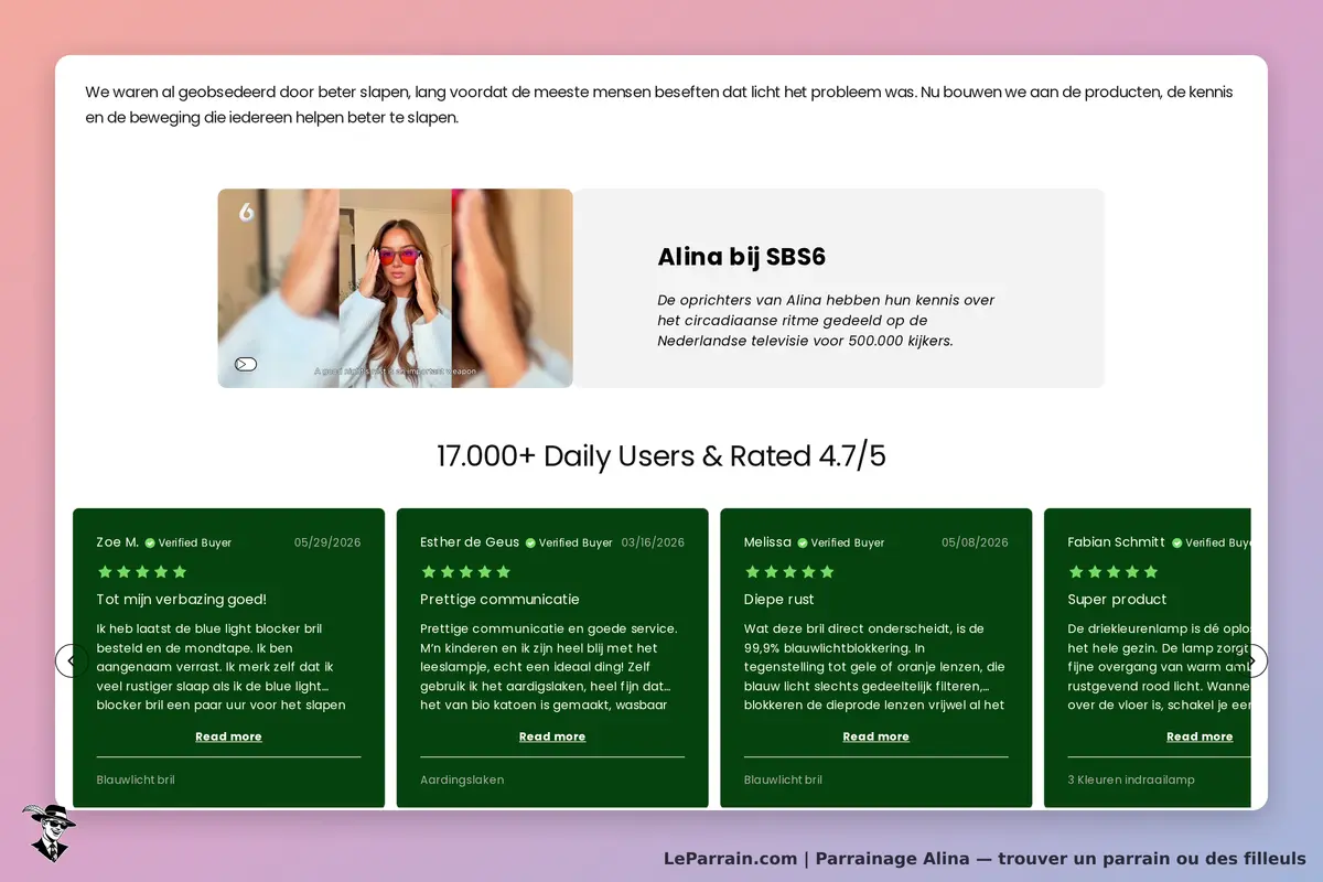 Alina : page d'accueil avec témoignages et notes des utilisateurs sur divers produits