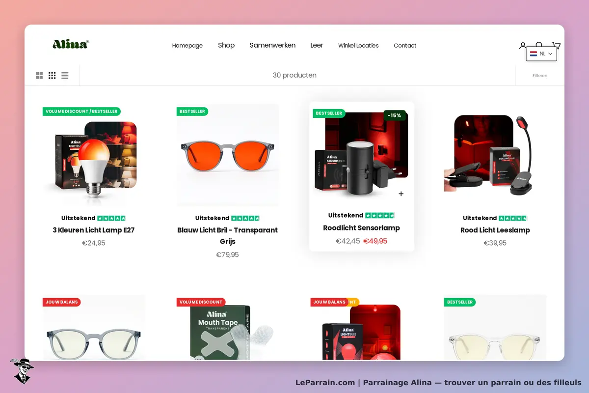 Alina : vue catégorie avec plusieurs produits affichés, incluant lampes et lunettes