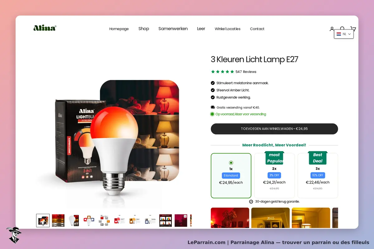 Alina : ampoule lumineuse E27 avec boîte et options de couleurs affichées sur la page produit