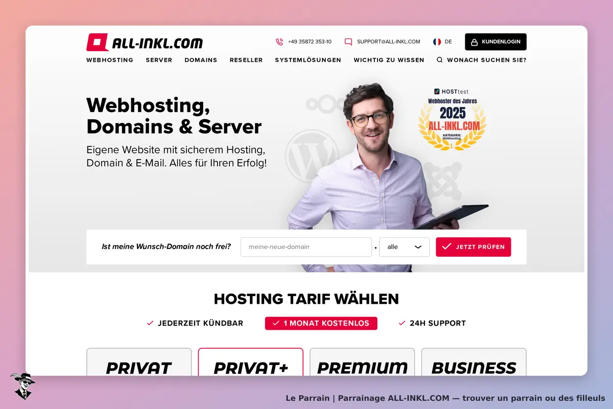 ALL‑INKL.COM : aLL-INKL.COM : page d'accueil avec un homme souriant tenant une tablette et un