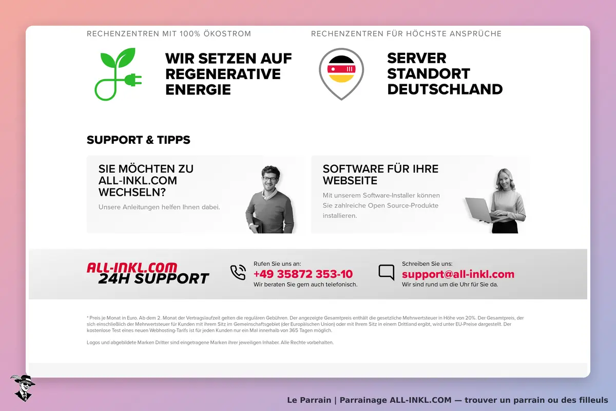 ALL‑INKL.COM : page d'accueil avec informations sur le support et l'énergie renouvelable
