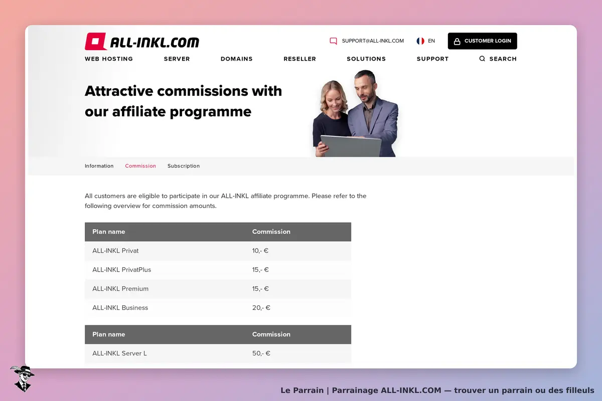 ALL‑INKL.COM : aLL-INKL.COM : page d'accueil présentant le programme d'affiliation et un tableau de