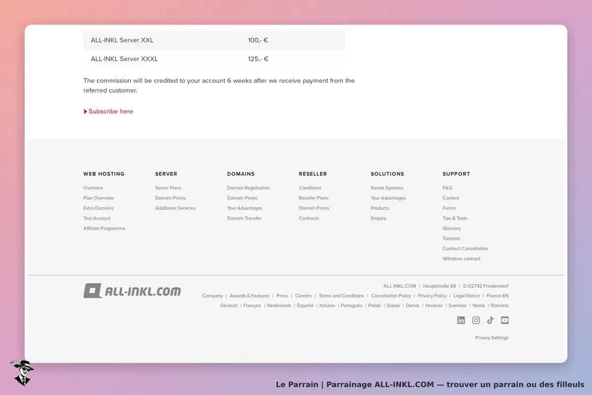ALL‑INKL.COM : section inférieure de la page avec options d'hébergement et liens de navigation