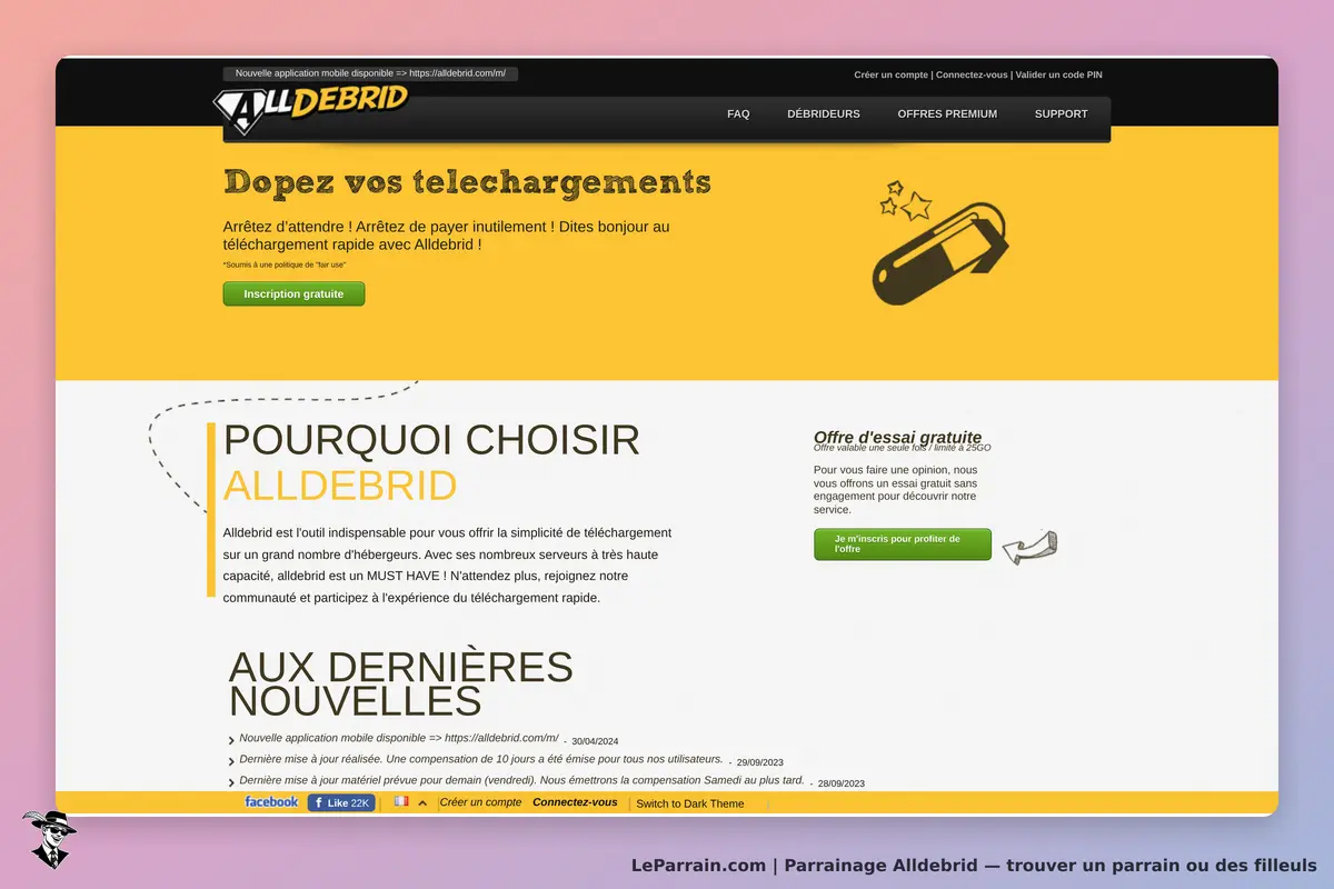 Alldebrid : page d'accueil avec présentation et offres d'inscription gratuite et d'essai