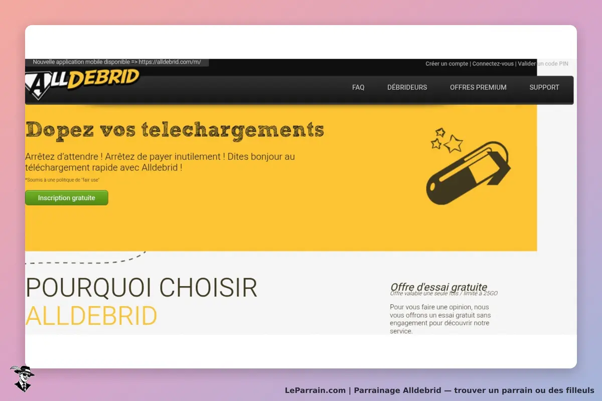 Alldebrid : page d'accueil avec message sur l'accélération des téléchargements et inscription