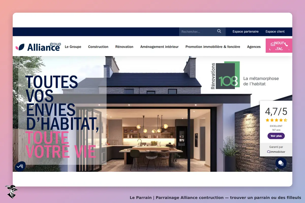 Alliance contruction : alliance construction : page d'accueil avec une cuisine moderne et un slogan
