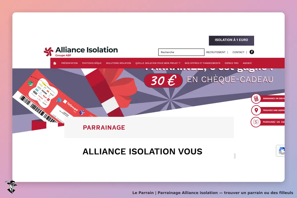 Alliance Isolation : page d'accueil avec éléments de parrainage et visuel de chèque-cadeau