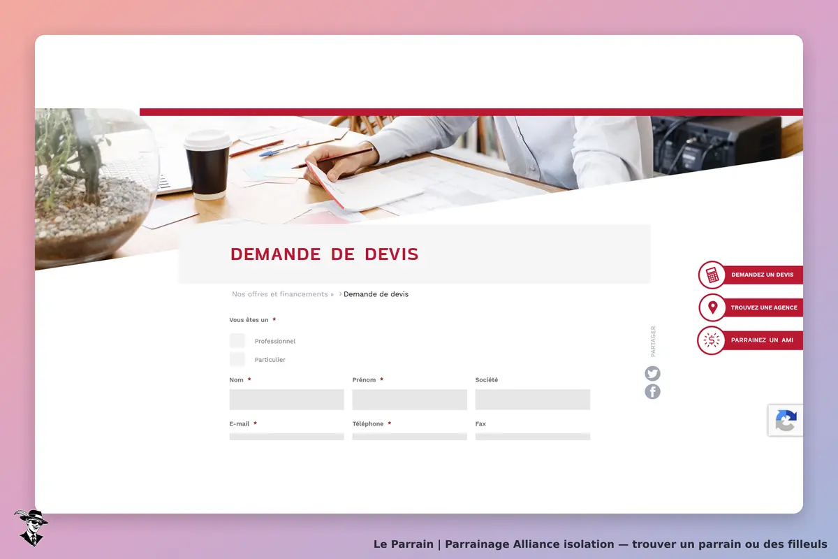 Alliance isolation : formulaire de demande de devis avec champs à remplir et bureau en arrière-plan