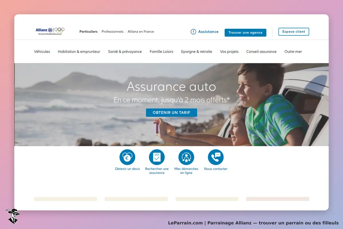 Allianz : page d'accueil avec des enfants dans une voiture, promotion sur l'assurance auto