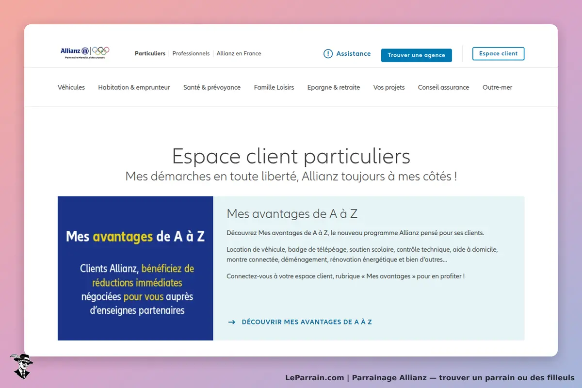 Allianz : espace client avec présentation des avantages du programme "A à Z" pour les clients