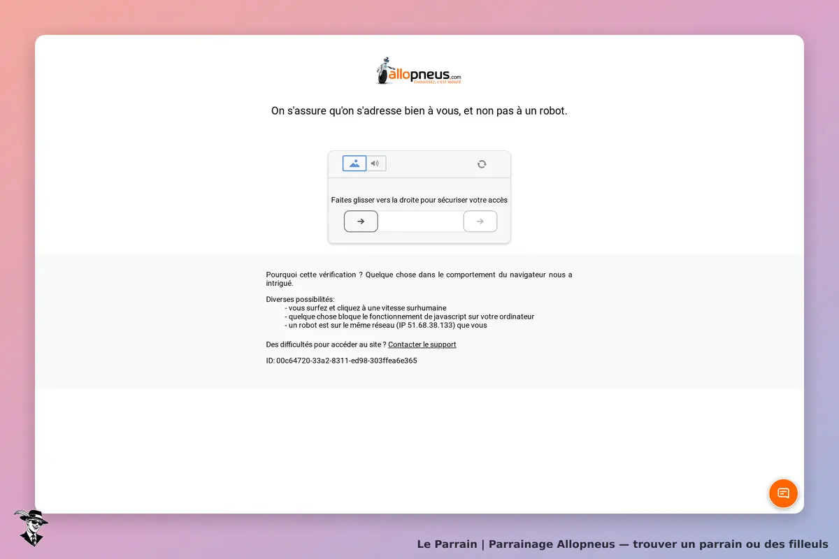 Allopneus : page d'accueil avec vérification de l'utilisateur et instructions à suivre