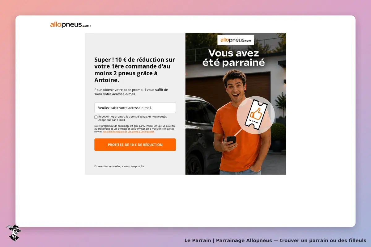 allopneus : page d'accueil avec formulaire de parrainage et image d'une personne souriante
