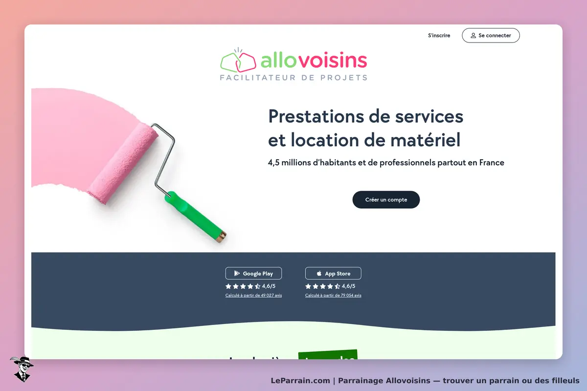 Allovoisins : page d'accueil avec un rouleau de peinture, options d'inscription et d'évaluation