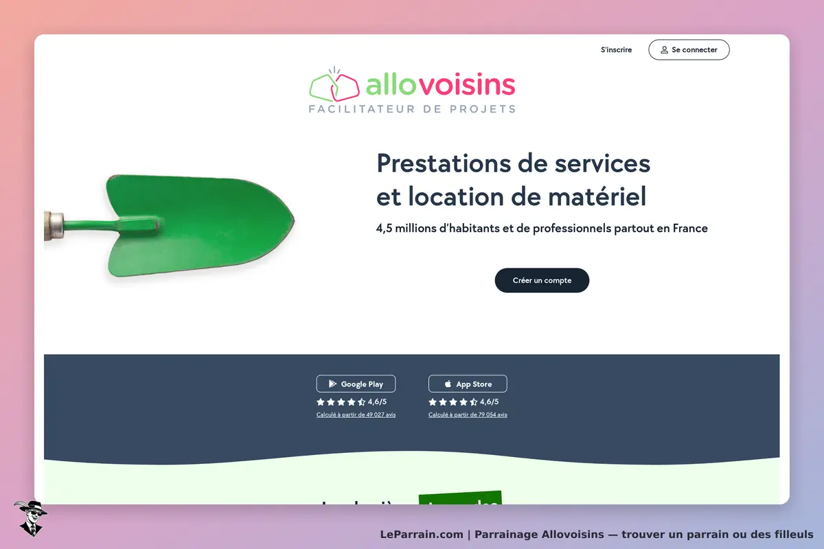 Allovoisins : page d'accueil avec un outil de jardinage vert et des options de téléchargement