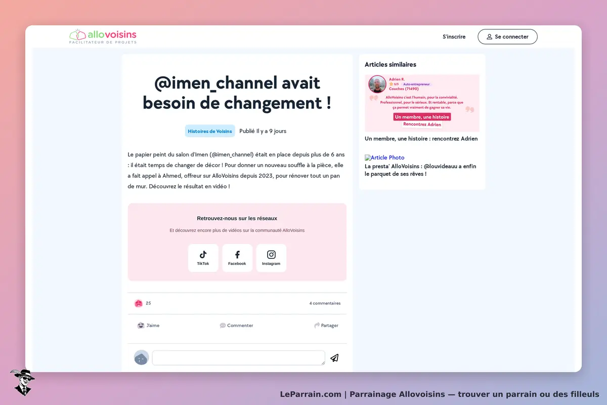 Allovoisins : page présentant une histoire de projet avec texte et liens vers les réseaux sociaux