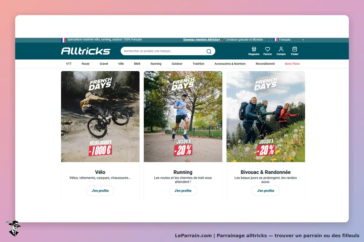 Alltricks : page d'accueil avec promotions pour vélo, running et bivouac, images et descriptions