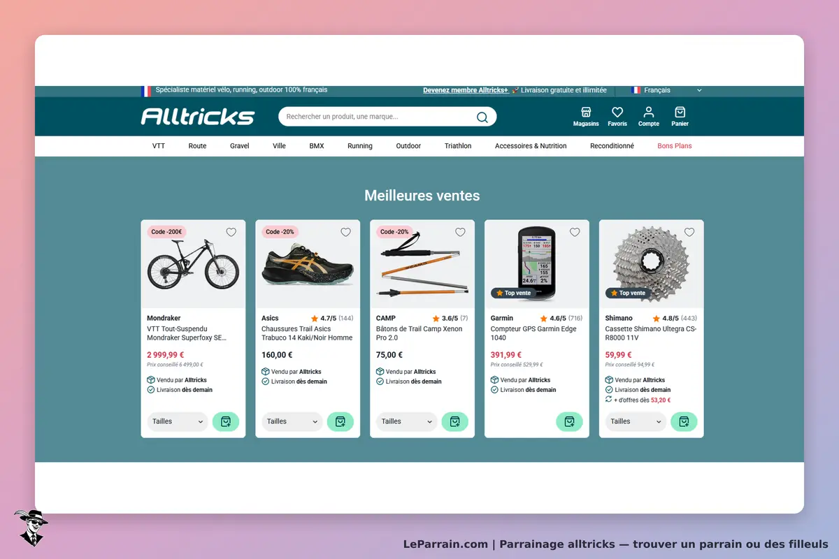 Alltricks : page d'accueil avec produits en vedette et évaluations des clients