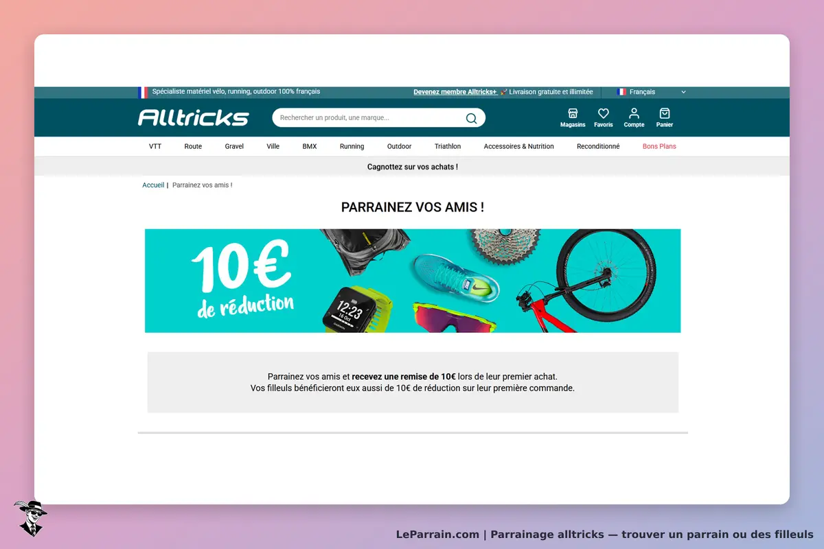 Alltricks : page d'accueil avec des produits de sport et une promotion de parrainage
