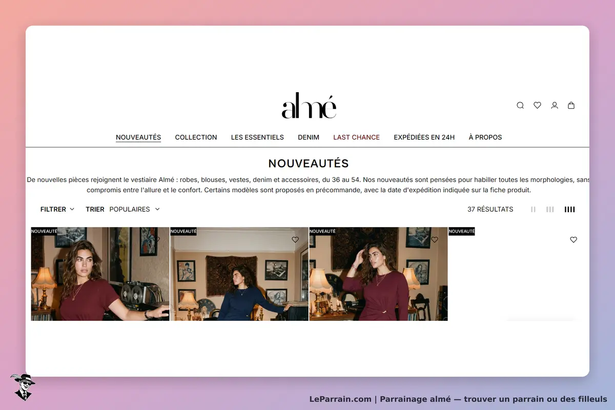 almé : page d'accueil présentant les nouveautés avec trois vêtements en vedette