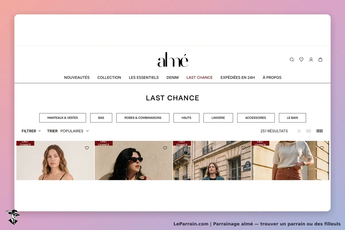 almé : page "Last Chance" avec des vêtements et options de filtrage en haut. 251 résultats affichés