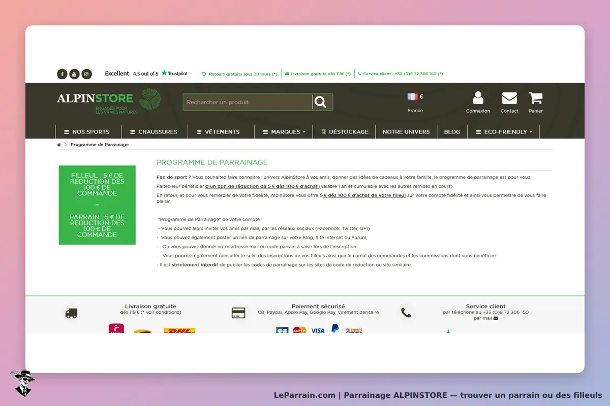 ALPINSTORE : page sur le programme de parrainage avec informations et conditions affichées
