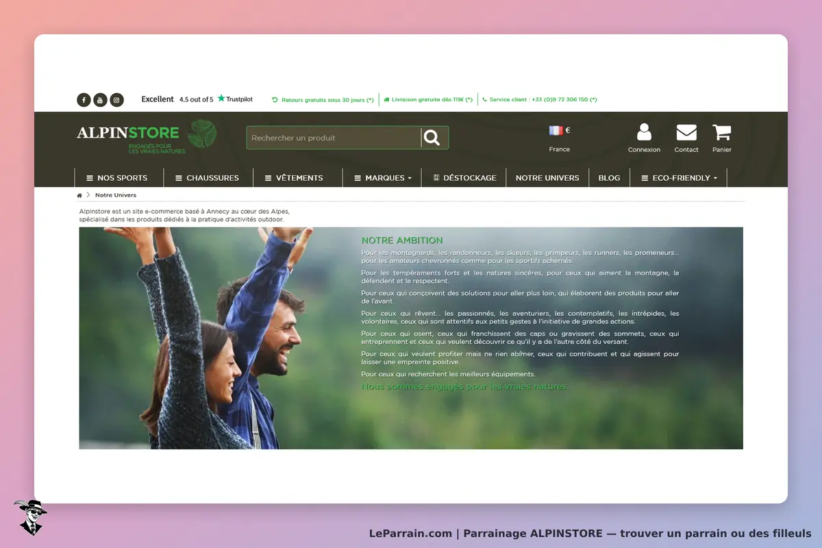 ALPINSTORE : page d'accueil avec un couple souriant en pleine nature, bras levés en signe de joie