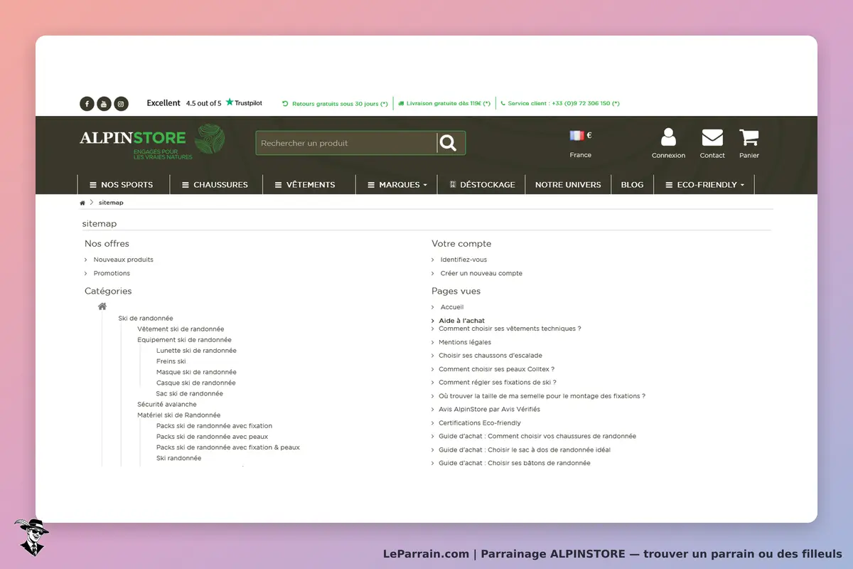 ALPINSTORE : menu de navigation avec catégories et sitemap visible sur la page d'accueil