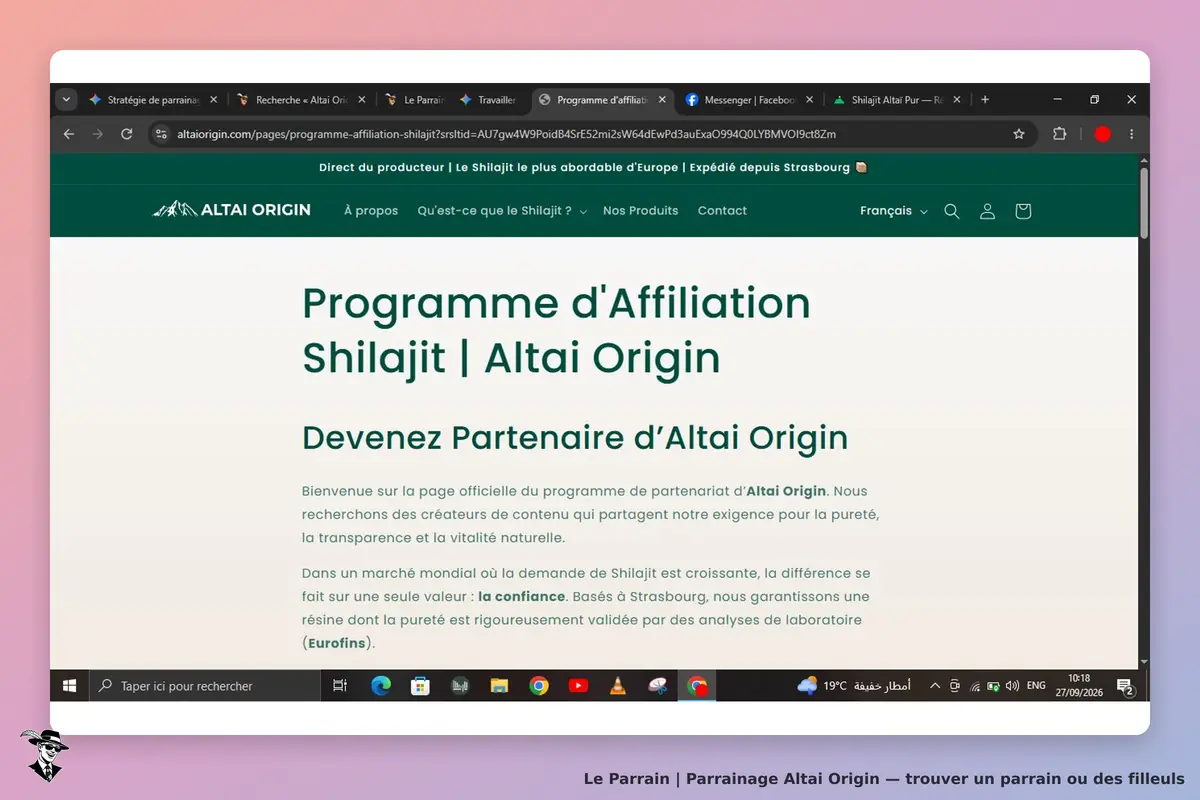 Altai Origin : page d'accueil du programme d'affiliation Shilajit avec texte de présentation