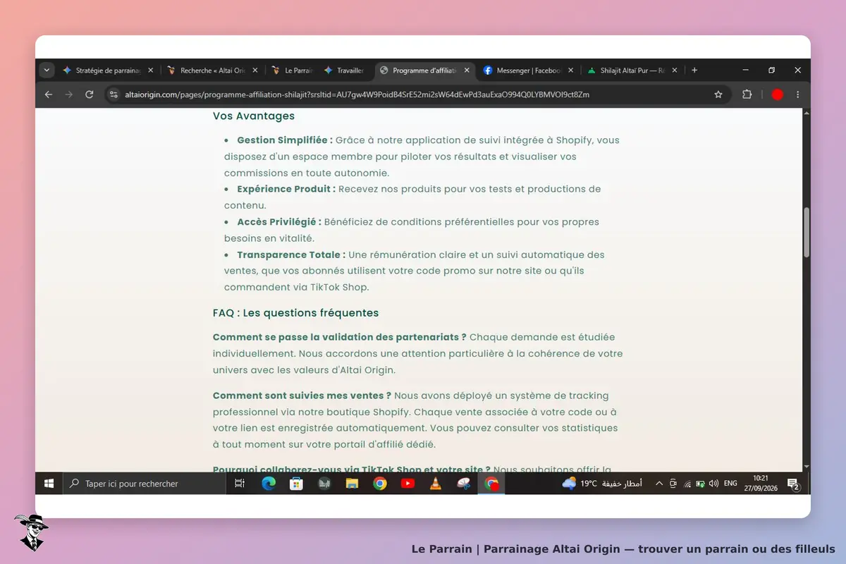 Altai Origin : section "Vos Avantages" et "FAQ" sur la page d'accueil du site