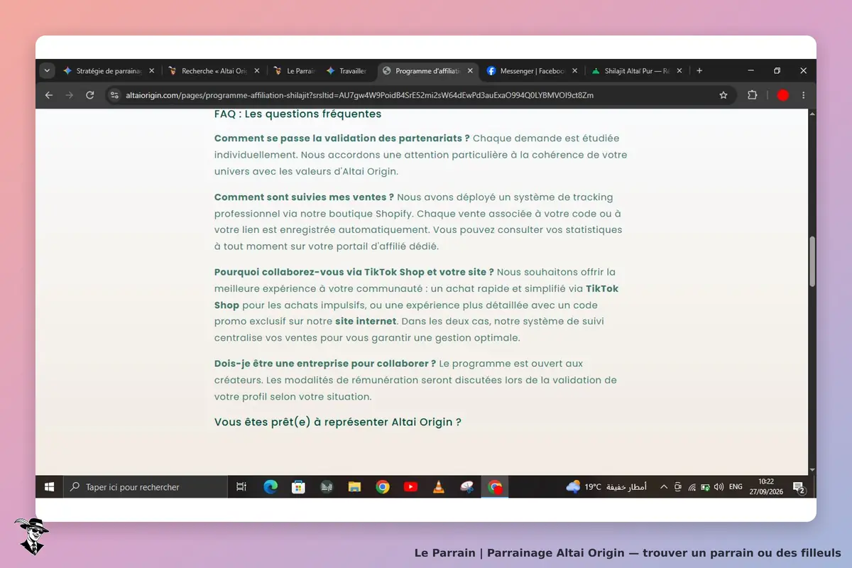 Altai Origin : section FAQ avec des questions sur la validation des partenariats et le suivi des