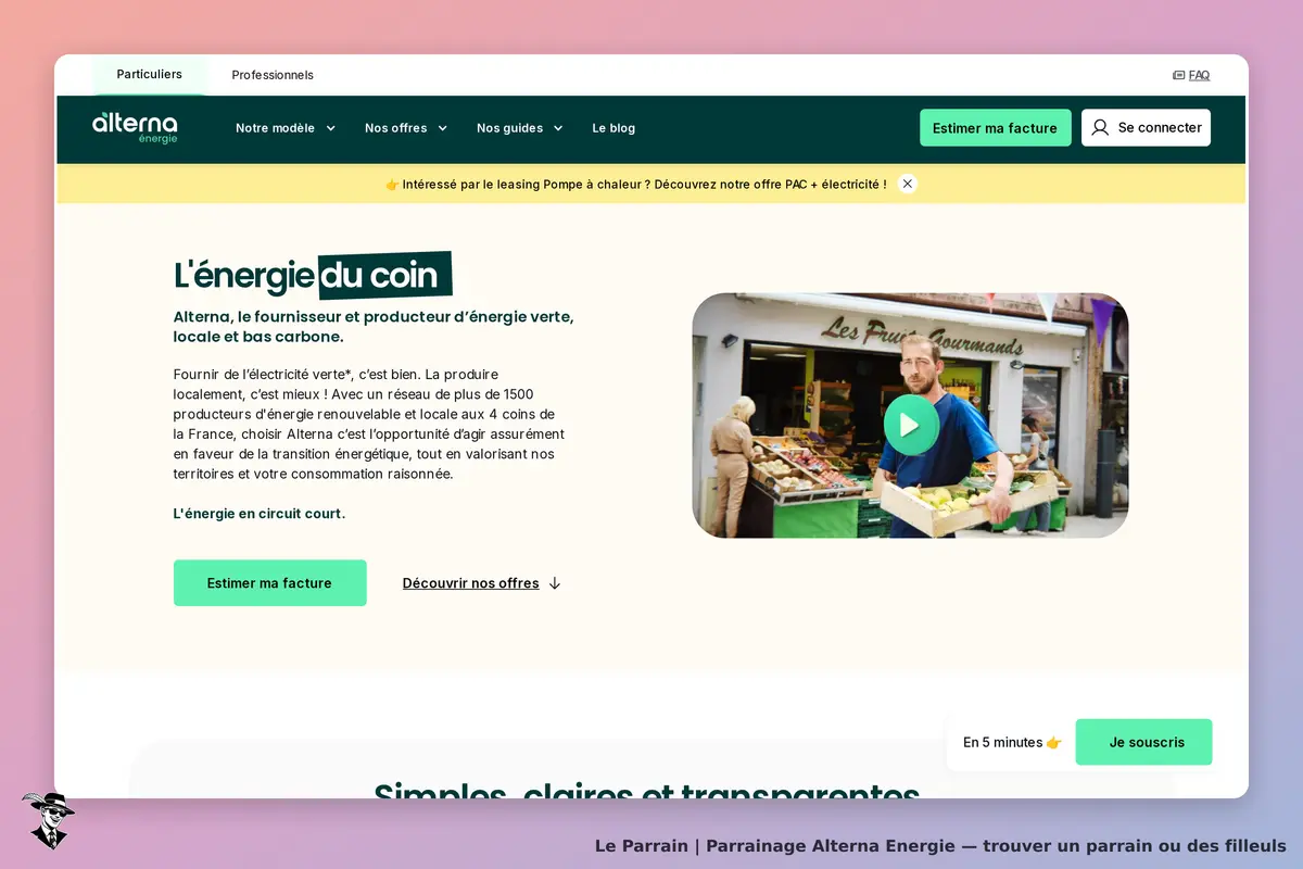 Alterna Energie : page d'accueil présentant l'énergie verte et un vidéo d'un marché local