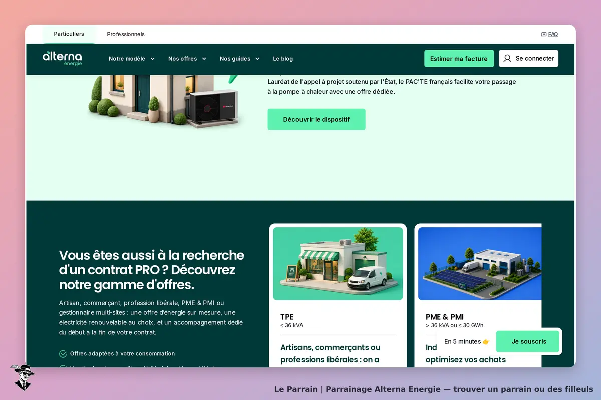 Alterna Energie : page d'accueil présentant des offres pour particuliers et professionnels