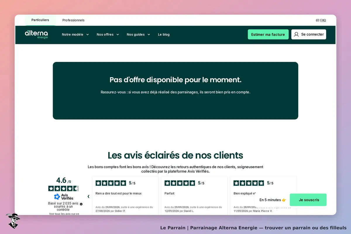 Alterna Energie : page d'accueil indiquant l'absence d'offres et des avis clients