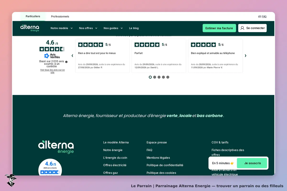 Alterna Energie : page d'accueil avec avis clients et options de souscription visibles