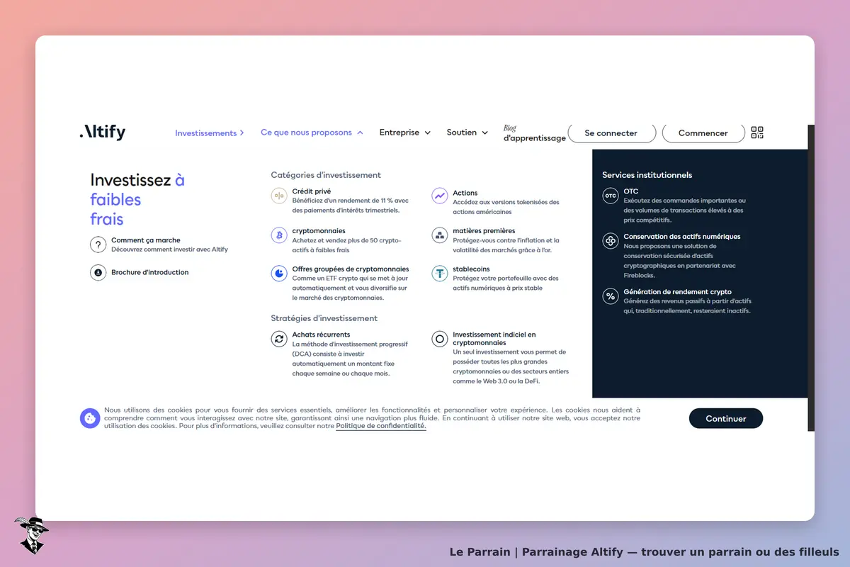 Altify : page d'accueil présentant des catégories d'investissement et des stratégies