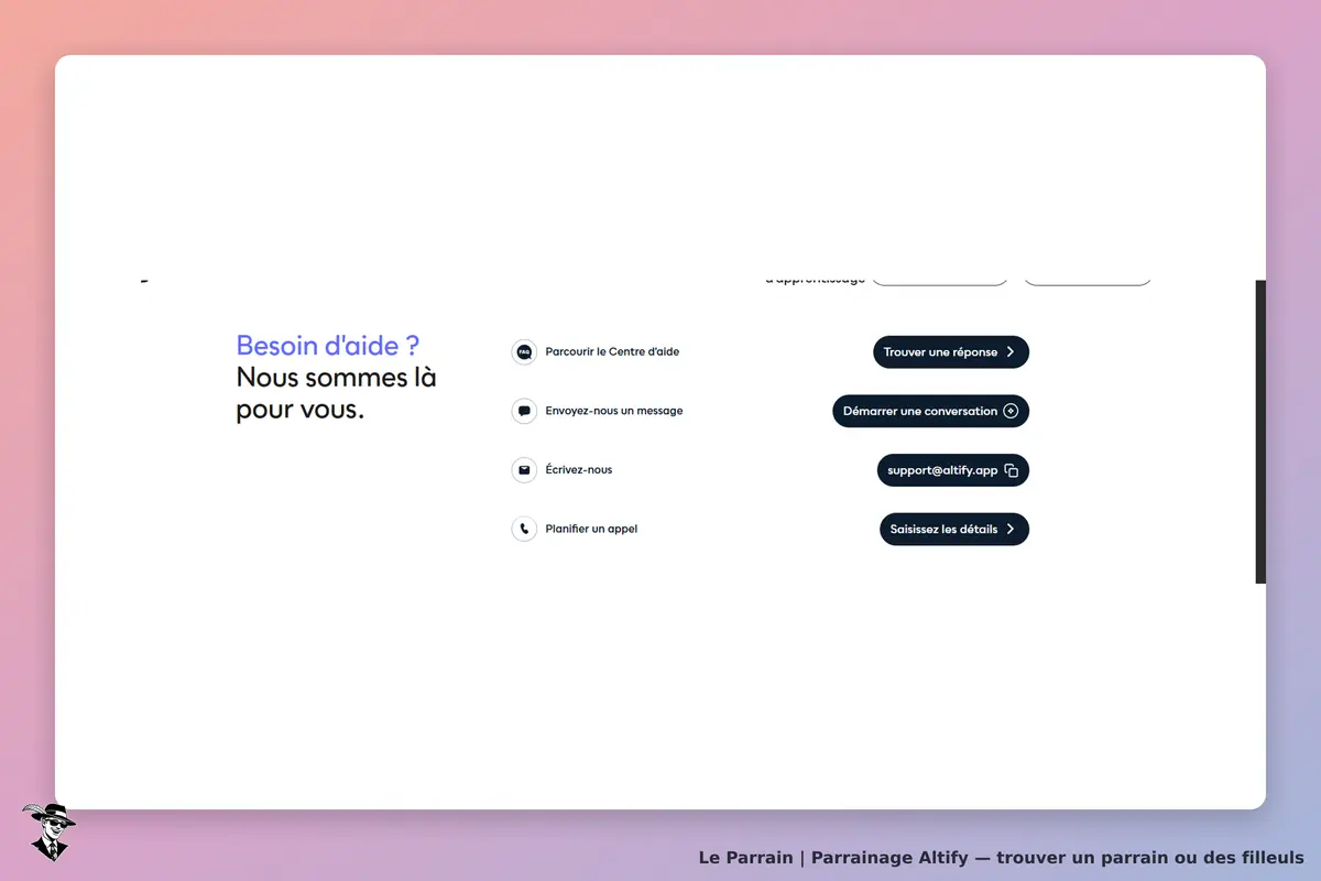 Altify : section d'aide avec options de contact et message d'accueil pour assistance