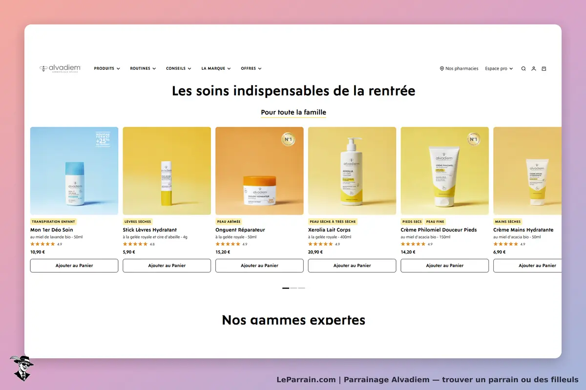 Alvadiem : page d'accueil avec produits de soins pour toute la famille et options d'ajout au panier