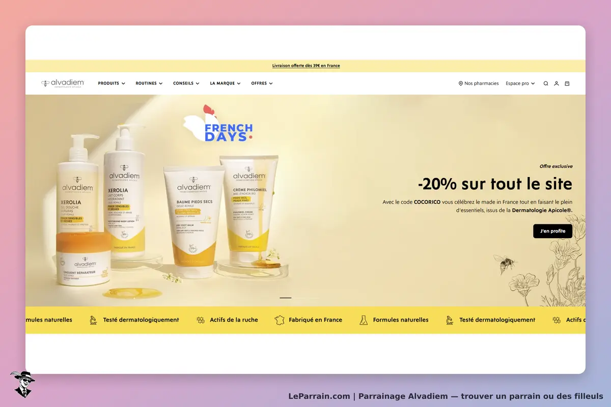 Alvadiem : page d'accueil avec produits de soin et promotion "French Days" en arrière-plan