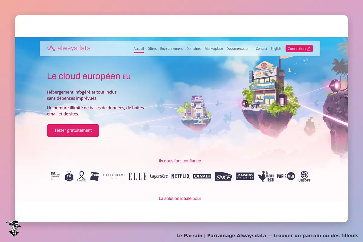 Alwaysdata : page d'accueil avec un visuel de cloud et des logos de partenaires en bas