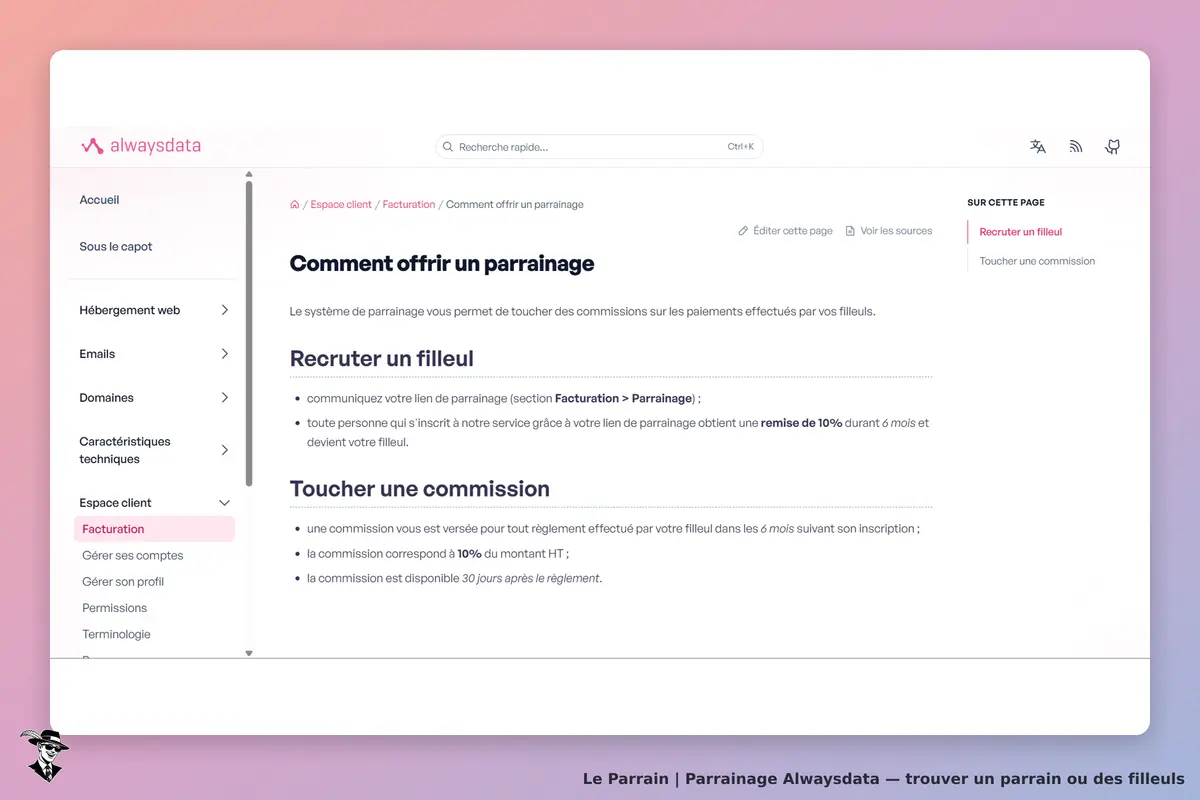 Alwaysdata : page d'information sur le parrainage et les commissions associées