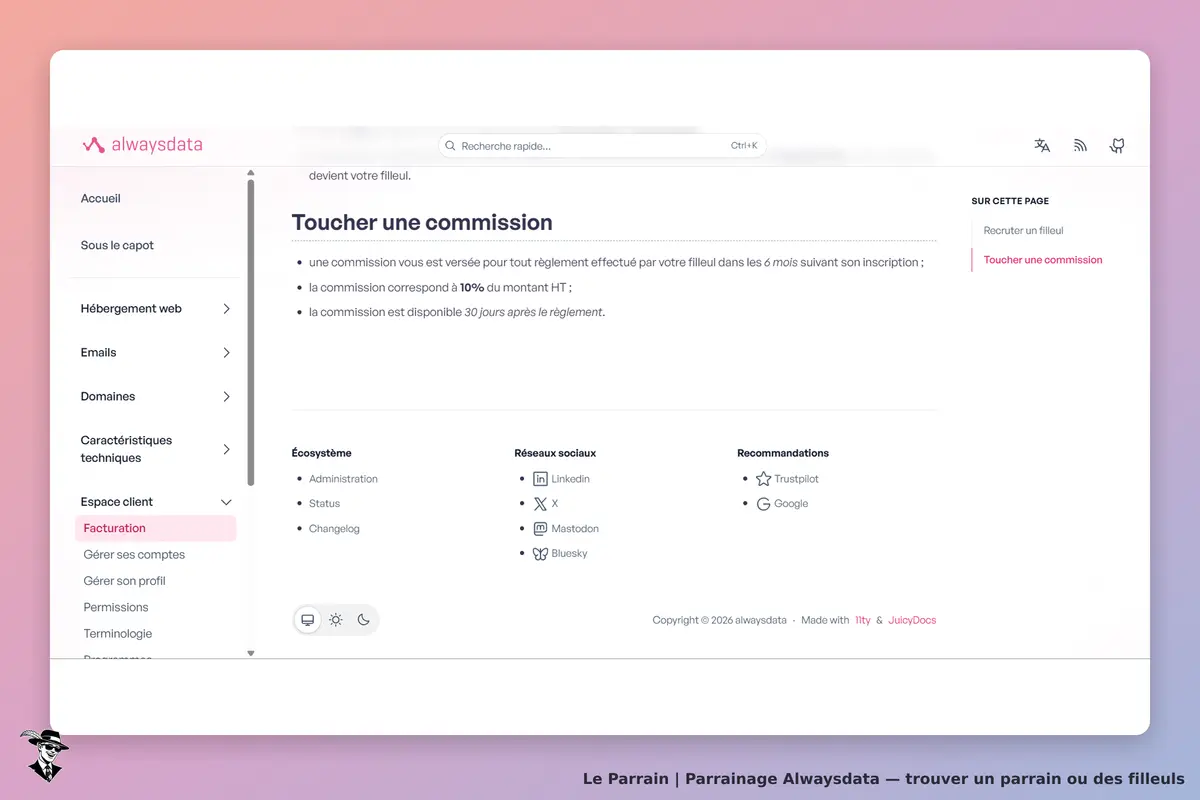 Alwaysdata : page sur les commissions pour les filleuls avec menu latéral et sections d'information