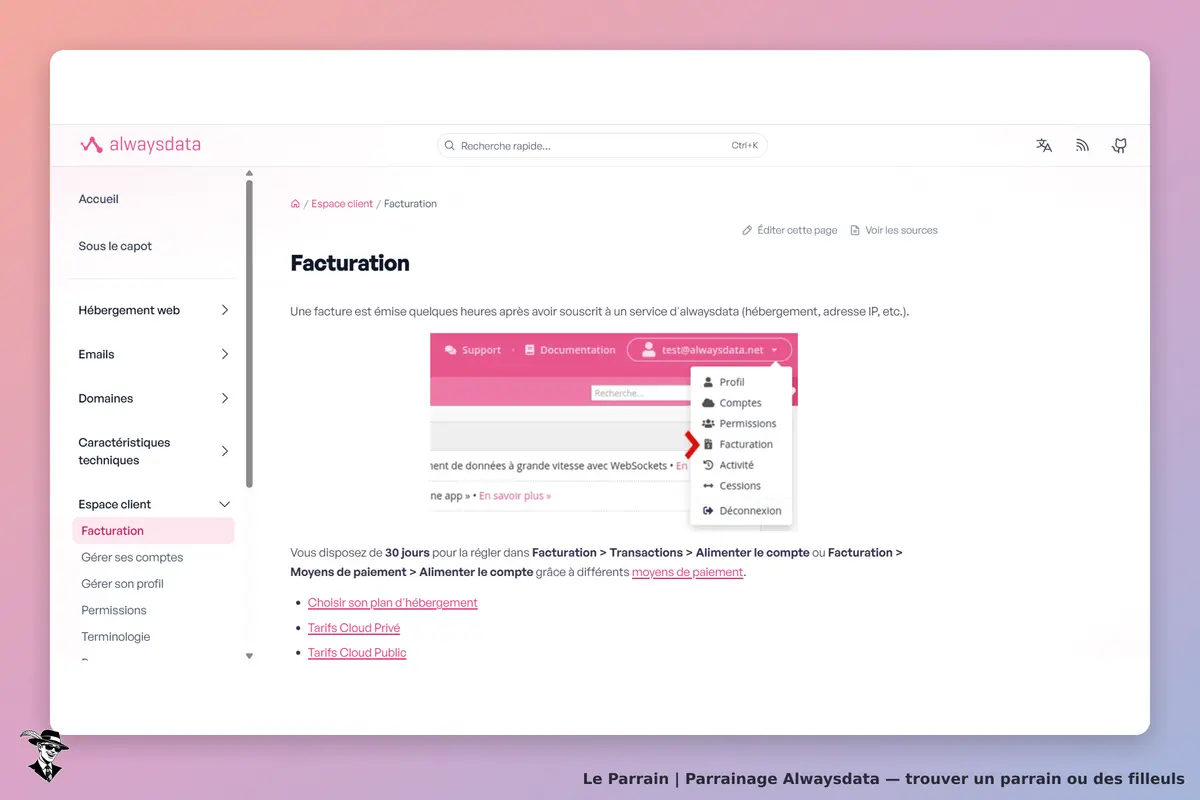 Alwaysdata : page de facturation avec menu de navigation et informations sur les paiements