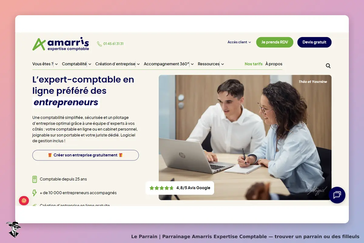 Amarris Expertise Comptable : amarris : page d'accueil avec un expert-comptable et un client devant